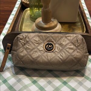 Joan & David Tan Quilted Cosmetic Pouch Leather zipper pull. Blk trim